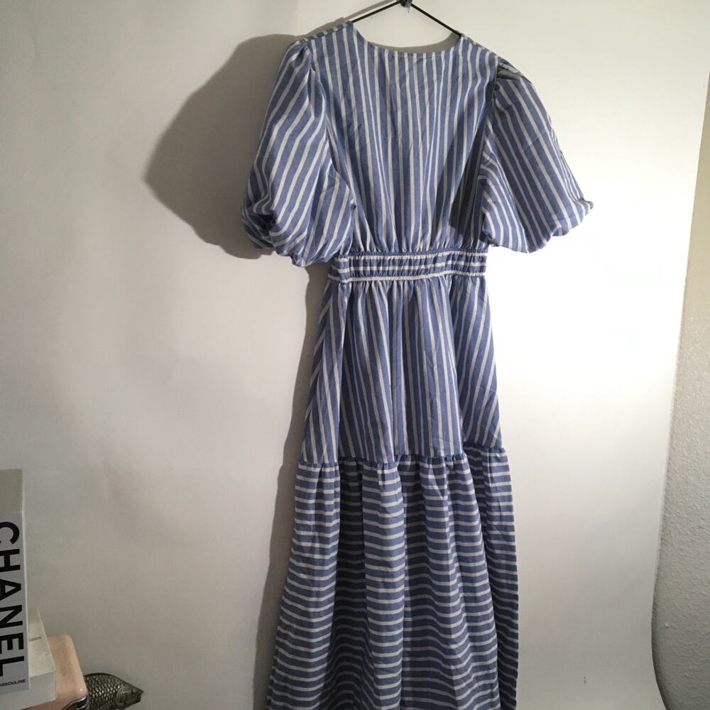 Love Wednesday Women's Size Medium Blue & White Cotton Striped Midi Dress - Picture 6 of 7